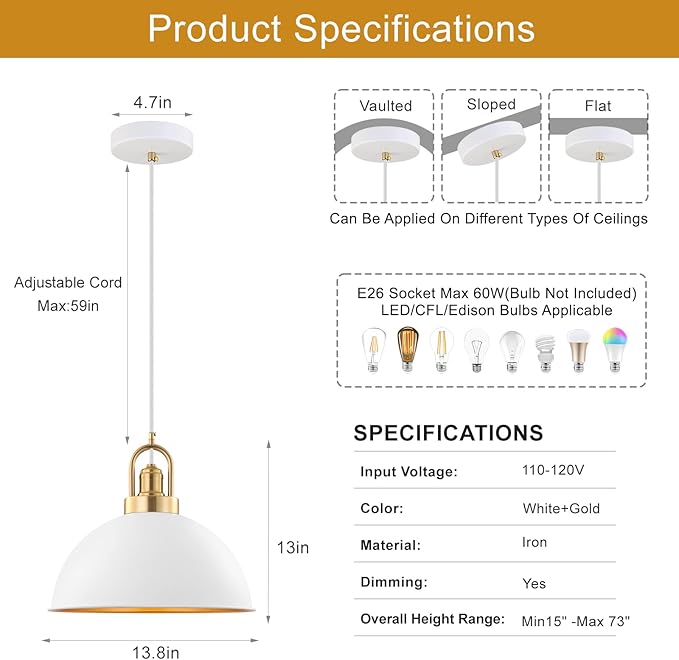 Modern Large Pendant Light 13.8 inch, White Dome Metal Shade with Brass Accent, Minimalist Chandelier for Kitchen Island, Dining Room
