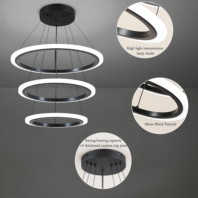 O'NEELDY Modern 3 Ring LED 52W Black Pendant Light with Irregular Ring Lights Adjustable Hanging Lamp for Dining Room Bedroom Kitchen Island Cafe