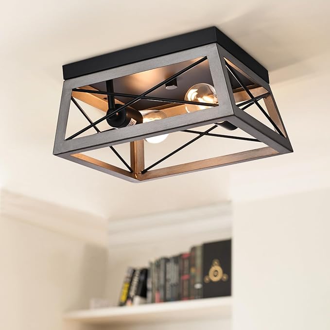 DEWENWILS Industrial Flush Mount Ceiling Light, Metal Hallway Light Fixture Ceiling for Entryway, Foyer, Dining Room, 2-Lights, Silver Grey