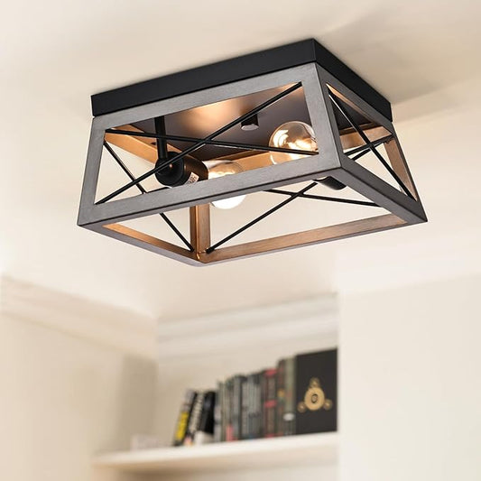 DEWENWILS Industrial Flush Mount Ceiling Light, Metal Hallway Light Fixture Ceiling for Entryway, Foyer, Dining Room, 2-Lights, Silver Grey