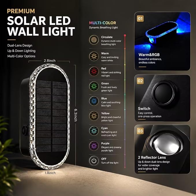 Herzila 6 Pack Solar Fence Lights Outdoor, RGBW Solar Wall Lights Waterproof Top and Bottom Lighting Solar Powered for Garden/Pool Cage/Patio/Wall (2 Installation Modes)