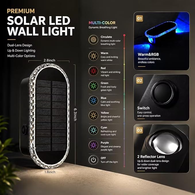 Herzila 4 Pack Solar Fence Lights, RGBW 7-Color Changing Waterproof Top and Bottom Lighting Wall for Landscape/Fence/Patio/Wall/Garden Christmas Solar Lights (2 Installation Modes)