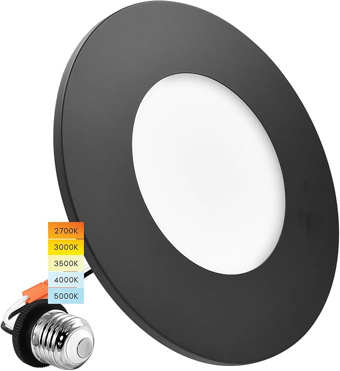 LUXRITE 3-4 Inch LED Flush Mount & Recessed Light, 7.5W, 5CCT 2700K-5000K, 650LM, Magnetic Trim, Dimmable Ceiling Can Light, Install to J-Box or 4 Inch Housing, Wet Rated, UL Listed, Black