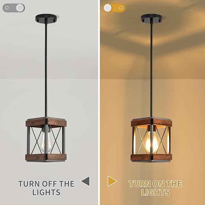 HOXIYA Farmhouse Pendant Light, 2 Pack Rustic Farmhouse Linear Chandelier with Wood and Metal Cage, Kitchen Island Pendant Light Adjustable Height for Dining Room Light Kitchen Island Bedroom