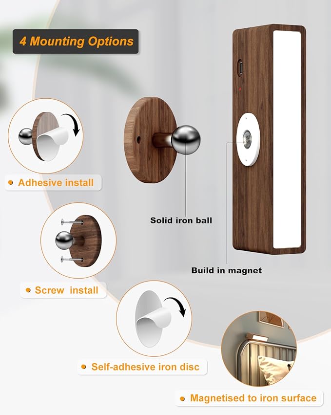 DetarZinLED Wooden Wall Sconce Battery Operated with Remote,Rechargeable Wall Lights for Bedroom with 3 Color Temperature, Magnetic, Stick-On, Dimmable Wall Reading Lights (Walnutwood, 2 Pack)