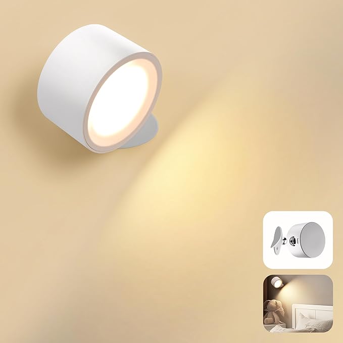 LED Wall Mounted Lamps, Battery Operated Rechargeable Wall Lights, 3CCT & Dimmable, 360°Rotation with Magnetic Ball, Cordless Wall Sconces for Picture Bedside Bedroom Reading, White-1 Pack