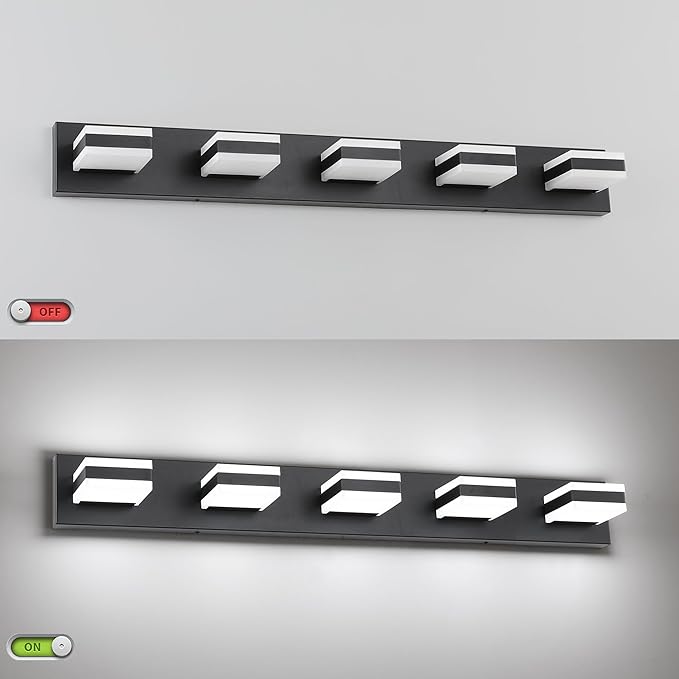 SOLFART Bathroom Lighting Fixtures, Bathroom Vanity Lights Over Mirror, Matt Black 5 Lights, Light Fixtures for Vanity Cool Light 6000K