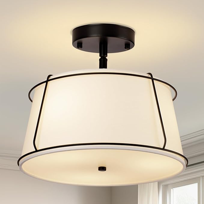 13'' Semi Flush Mount Ceiling Light Fixture, 3-Light Black Light Fixtures Ceiling Mount with White Drum Fabric Shade,Modern Close to Ceiling Light for Bedroom Dining Room Kitchen Hallway (Adjustable)