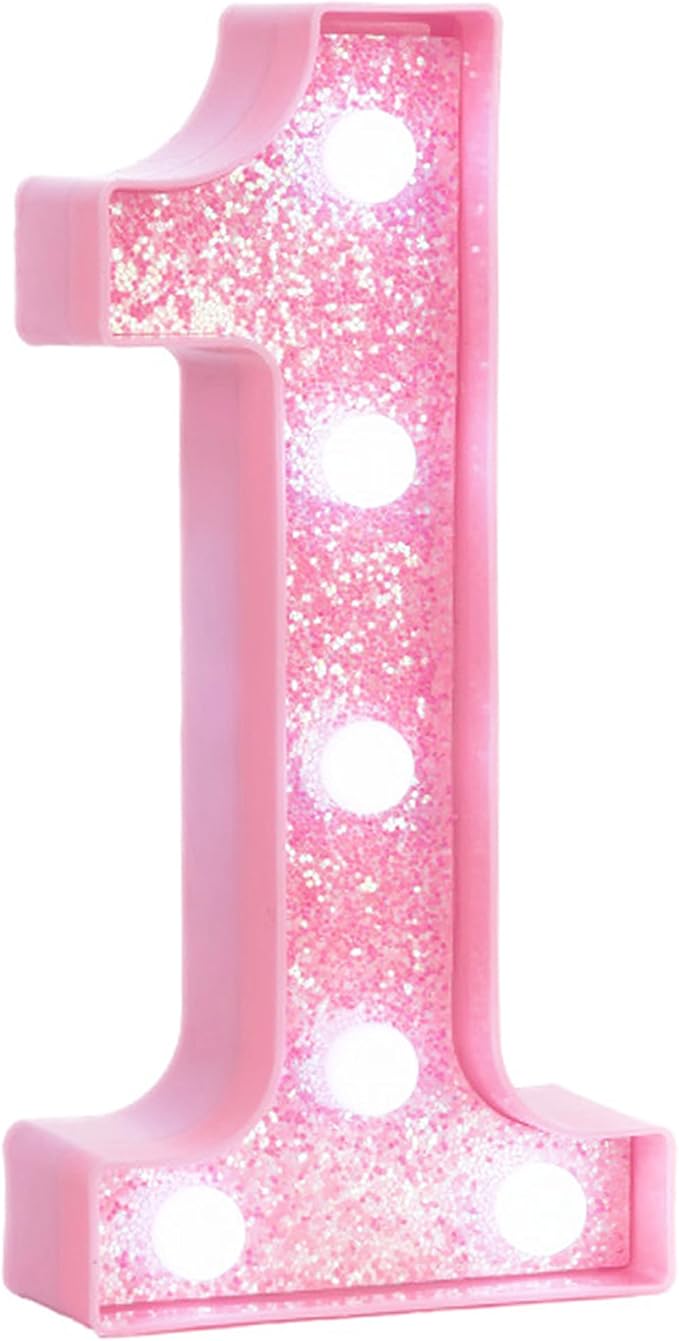 Pink Light Up Marquee Numbers, Glitter LED Number Lights Signs Battery Operated for Girls 1st 10th 12th 16th Pink Birthday Party Table Decorations, 8 Inch Tall Number 1 with Cool White Lights