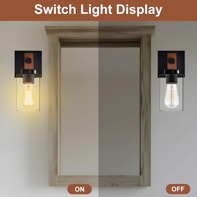 Rustic Wall Sconces Set of 2,Hardwired 1-Light Wood Farmhouse Sconce with Clear Glass Cylinder Shade,Matte Black Metal Wall Light,E26 Indoor Bathroom Vanity Fixture for Mirror,Bedroom,Hallway