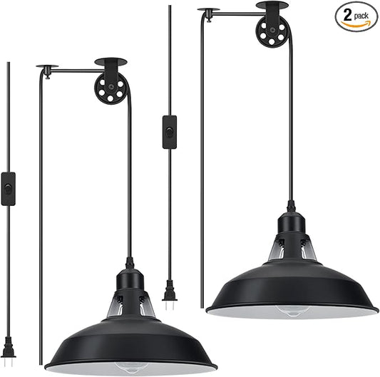 Plug in Pendant Light, Hanging Lamp with Black Barn Pendant Lighting with 14.76ft Cord On/Off Switch, Adjustable Pulley Hanging Pendant Lighting for Kitchen Bedroom Restaurant 2 Pack