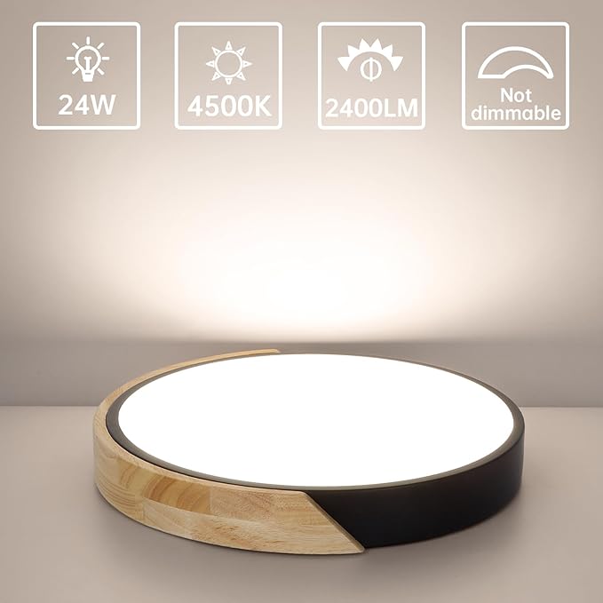 Ketom Modern Flush Mount Ceiling Light Fixture 12 Inch LED Ceiling Light, 24W Minimalist Round Shaped Wood Ceiling Lamp Natural White 4500K, Not Dimmable