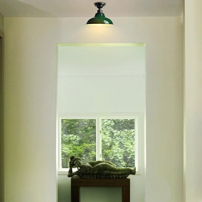 SAMTEEN 12-Inch Industrial Semi Flush Mount Ceiling Light Green Barn Light Ceiling Mount Farmhouse Flush Mount Light Fixture for Hallway Bedroom Foyer Kitchen Entryway