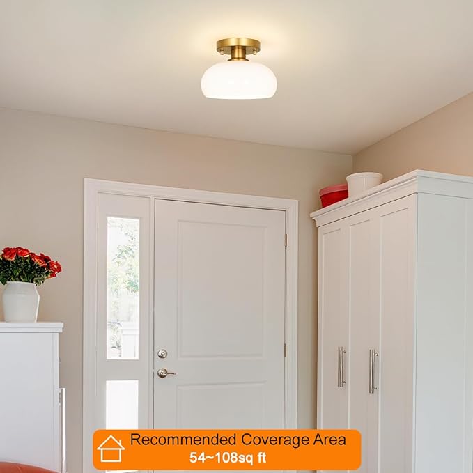 Mid-Century Gold Ceiling Light Fixture - 8 Inch Semi Flush Mount Hallway Light with Hand-Blown Milk White Glass Shade,Easy Install Close to Ceiling Lighting for Small Entryway & Kitchen