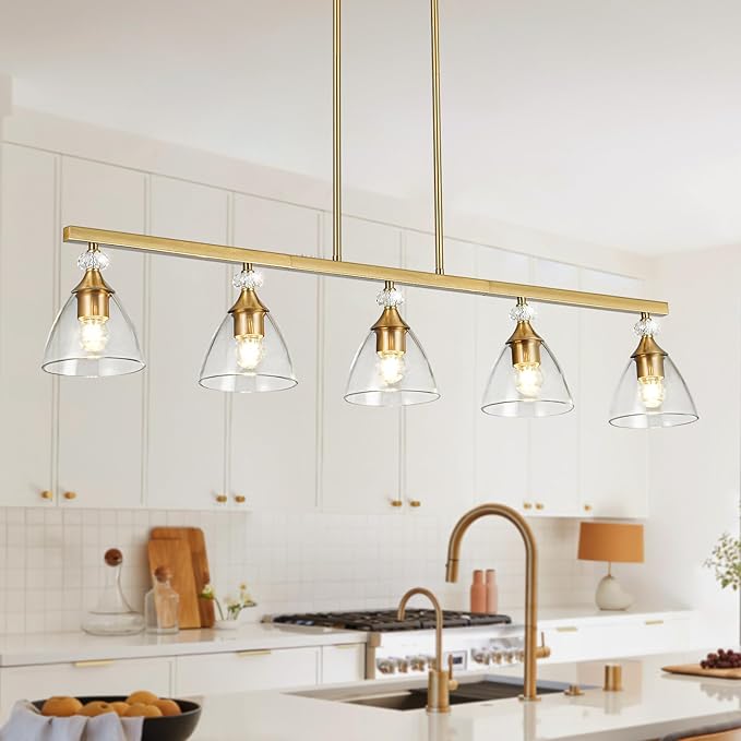 5-Light Gold Finish Kitchen Island Pendant Lighting with Clear Glass Shades for Dining Table, Kitchen Island, Living Room