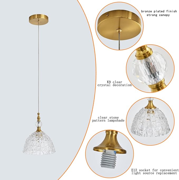 Modern Bronze Glass Pendant Light 7.68 in Dome Light Fixture with Clear K9 Crystal Ball Adjustable Height Vintage Mini Hanging Lights for Kitchen Island Bedroom Dining Room Living Room