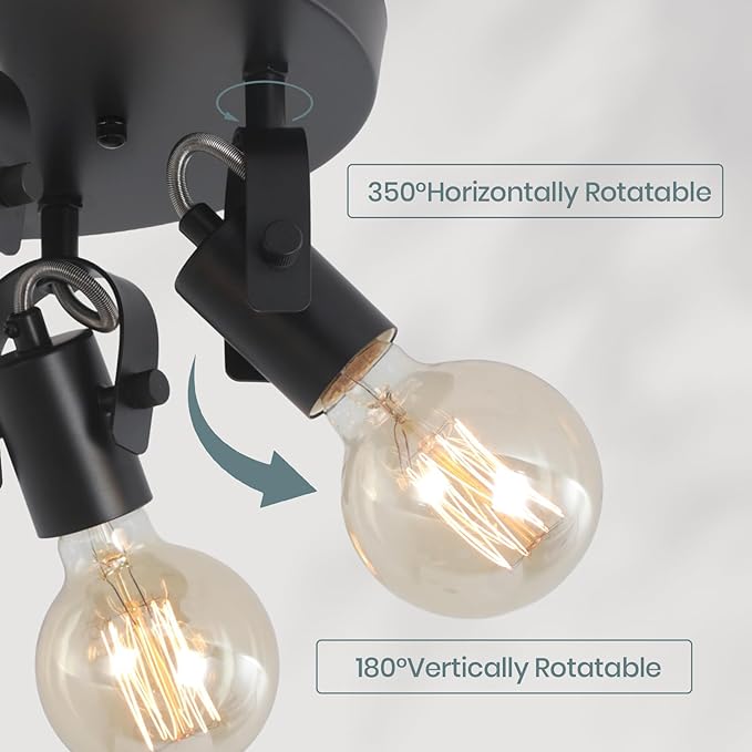 4-Light Kitchen Ceiling Spotlight，Multi-Directional Track Lighting Fixtures Ceiling with Open No Shade Design, Black Ceiling Light for Kitchen Island, Sink,Dining Room, (E26, Bulb Not Included)