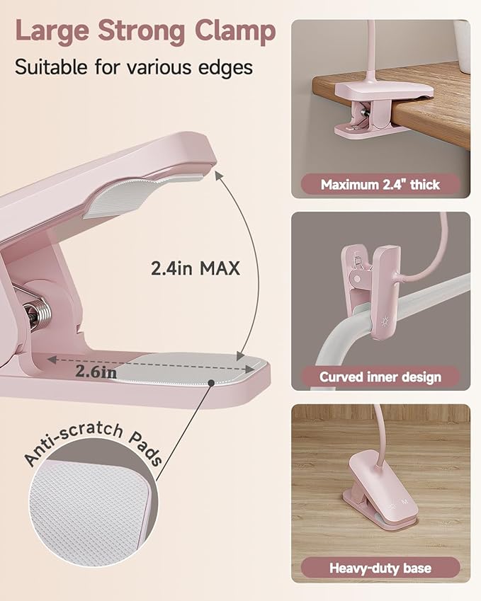 CUHIOY Rechargeable Clip on Reading Light for Bed, Battery Desk Lamp, 5 Color 5 Brightness & Touch Control Headboard Lamp, Large Clamp Lamp with Flexible Neck, Eye Protect LED Bedside Light, Pink