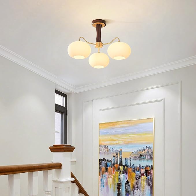 Semi Flush Mount Ceiling Light,3-Light Glass Lampshade Mid Century Ceiling Light Fixture for Bedroom Entryway Loft Kitchen Farmhouse