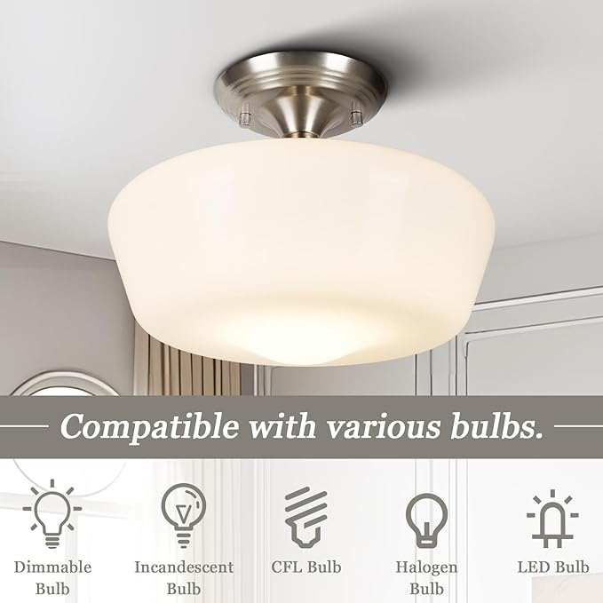 Schoolhouse Style Semi Flush Mount Ceiling Light Fixture, 12" Modern Hallway Ceiling Lamp with Opal Milk Glass Shade Brass, Farmhouse Globe Light for Bedroom Kitchen Hallway Entryway Laundry