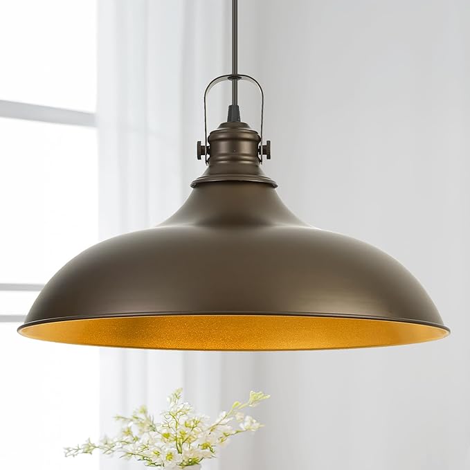 Refice 17 Inch Farmhouse Pendant Lights Kitchen Island Oil Rubbed Bronze Pendant Lighting Industrial Dome Island Pendant Lights, Adjustable Height, Hanging Lights, Dining Room, Barn
