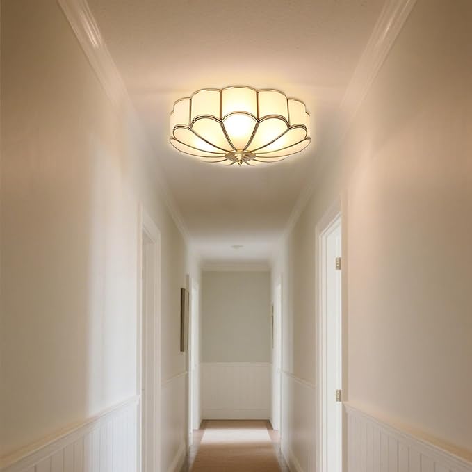 MIXL-Mid Century Brass Flush Mount Ceiling Light,14 Inch Bedroom Light Fixture,Vintage Style Ceiling Lamp for Living Room and Entyrway