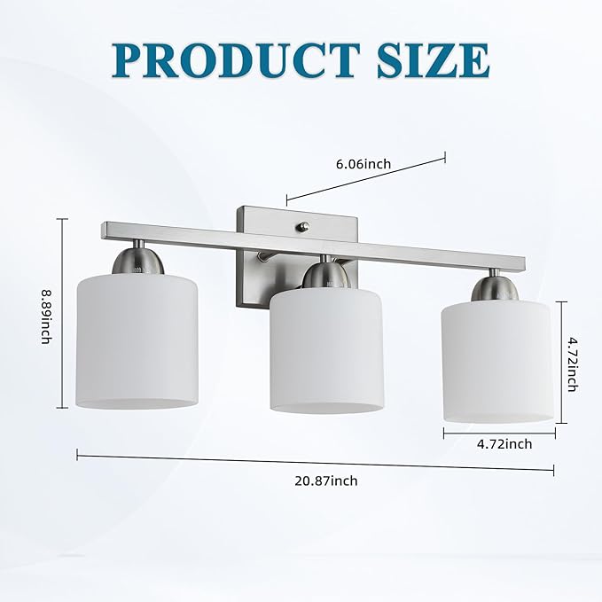 Mecgirn Stainless Steel Milk Glass Vanity Lights for Bathroom, 3 Light Brushed Nickel Bathroom Light Fixtures Over Mirror, Ceramic E26 Sockets Wall Mounted