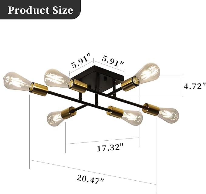 6-Lights Semi Flush Mount Ceiling Light Fixture, Matte Black and Golden, Modern Sputnik Close to Ceiling Light with E26 Base, Chandelier Light for Bedroom Kitchen Living Room Dining Room