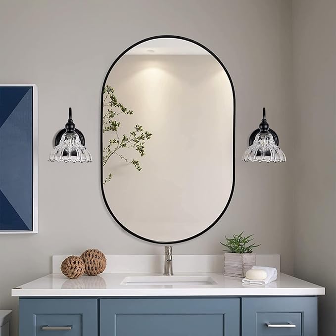 Modern Black Wall Sconce Mini Wall Light Made of Metal Body and Pressed Patterned Glass Retro Vanity Light for Bedroom, Bathroom, Doorway, Farmhouse