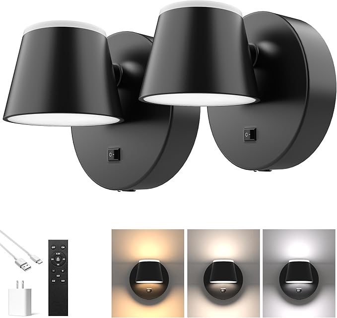 URSOLA Battery Operated Wall Lights Set of Two, LED Rechargeable Battery Wall Sconce with 9000mAh 3CCT and Dimmable Magnetic 360° Rotation Cordless Light for Bedroom（Black）