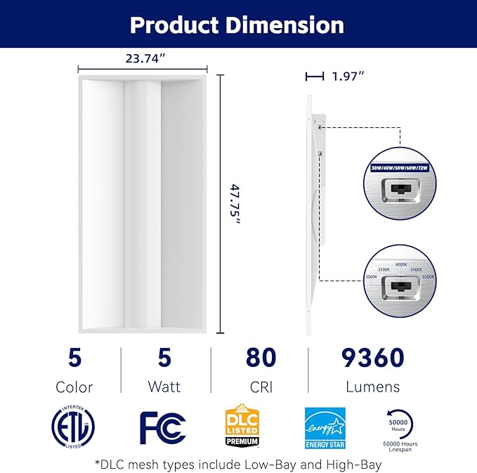 24Pack 2x4 FT LED Center Basket Troffer Light, 5CCT Color Tunable 3000/3500/4000/5000/6500K, Watt Adjustable 72W/60/50/40/30W, 0-10V Dimmable Drop Ceiling Lights, 120-277V-ETL&DLC Qualified