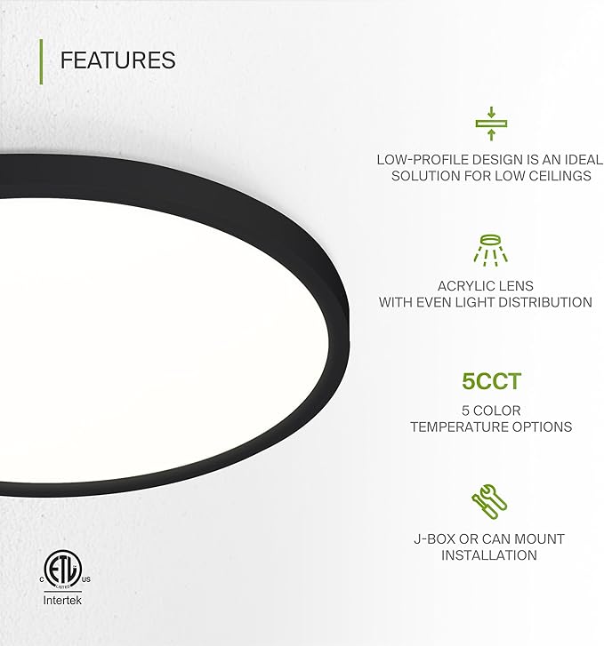 ASD LED 12" Round Flush Mount Ceiling Light Fixture, Low Profile Surface Lighting | 5CCT, Dimmable, Ultra-Thin, ETL Listed | 24W 1900LM 2700-6000K 120V | Kitchen, Hallway Lamp | Black, 12 Pack