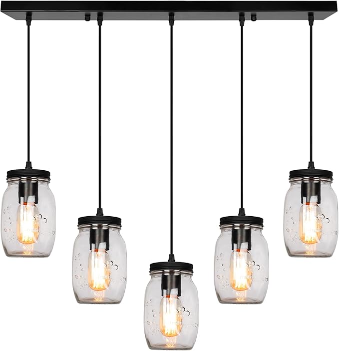 Glass Mason Jar Light Fixtures, 5-Light Adjustable Height Pendant Ceiling Lights Flush Mount - Black Country Farmhouse Lights for Kitchen Dining Room Foyer Stairway Hallway Entryway Porch