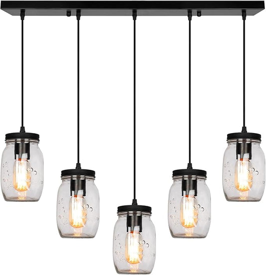 Glass Mason Jar Light Fixtures, 5-Light Adjustable Height Pendant Ceiling Lights Flush Mount - Black Country Farmhouse Lights for Kitchen Dining Room Foyer Stairway Hallway Entryway Porch