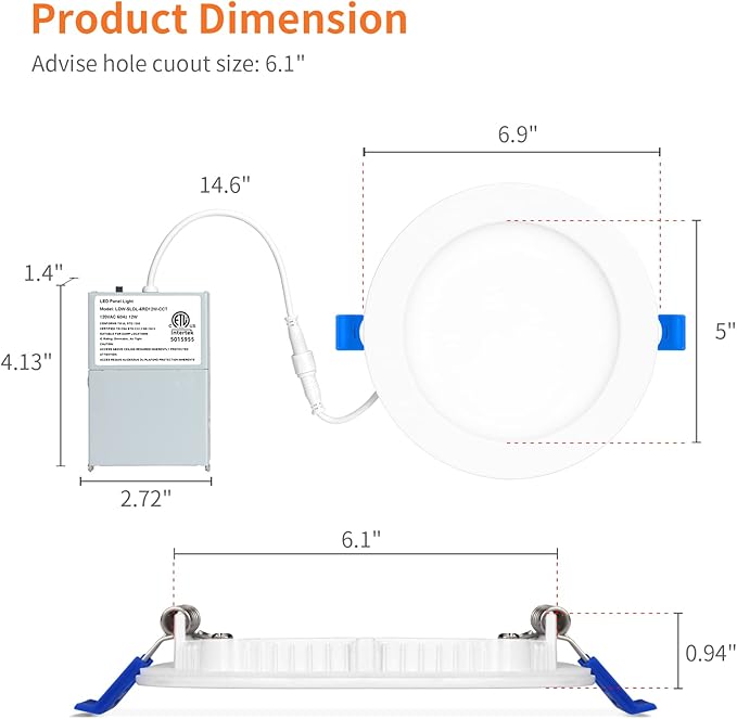 Meconard 6 Pack 6 Inch 5CCT LED Recessed Lighting with Night Light, 2700K/3000K/3500K/4000K/5000K Selectable Ultra-Thin LED Recessed Ceiling Lights, 12W=110W, 1050LM, Dimmable Canless Wafer Downlight