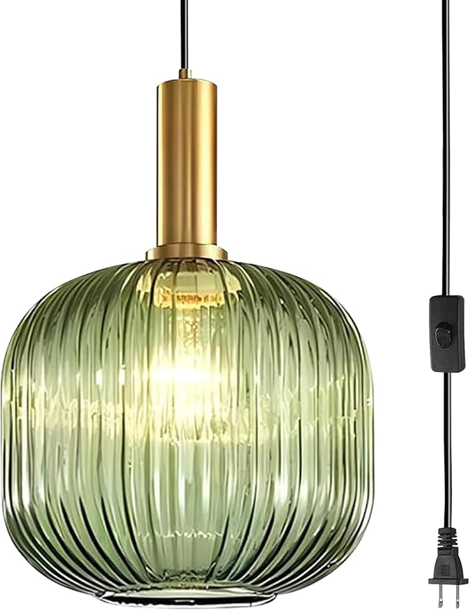 Green Glass Plug in Pendant Light 9.8" Vintage Gold Brass Hanging Lamp with On/Off Switch Mid Century Modern Plug in Hanging Light for Kitchen Dining Room Living Room Bedroom