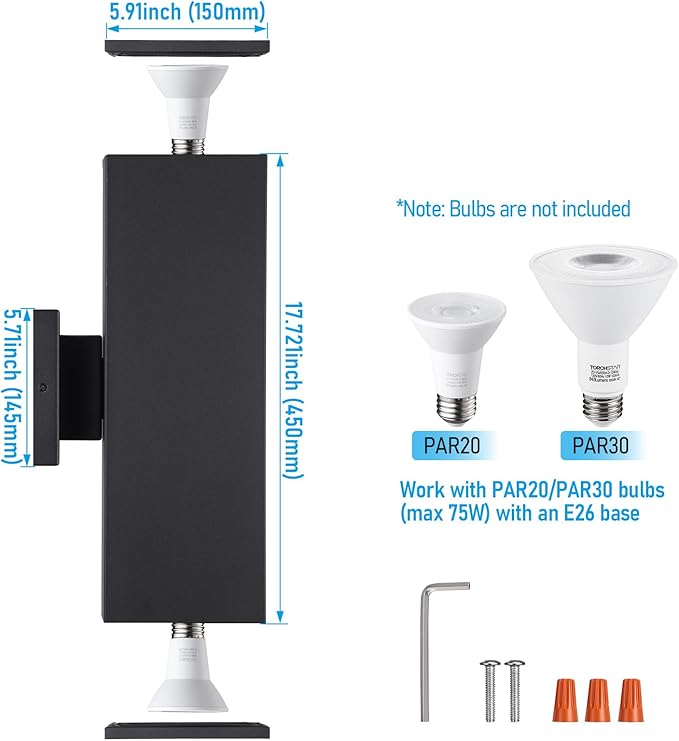 LEONLITE Modern Outdoor Rectangular Wall Lights 18", Up and Down Porch Patio Lights, Matte Black Waterproof Wall Sconce, Aluminum, E26 Base, Exterior Light Fixture Wall Mount, ETL, Pack of 2