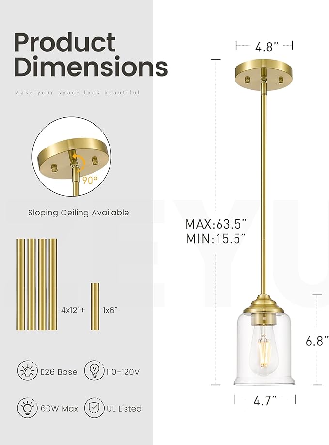 zeyu Gold Pendant Light Fixtures 2 Pack, Vintage 1-Light Hanging Lamp, Kitchen Pendant Lighting Over Island with Clear Glass Shade, Brushed Gold Finish, ZSL104MIL-2 BG