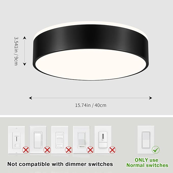 Vikaey Black LED Ceiling Light Modern Flush Mount Light Fixture Round Metal Non Dimmable Ceiling Lamp for Living Room Entryway Bedroom Kitchen 15.74 Inch