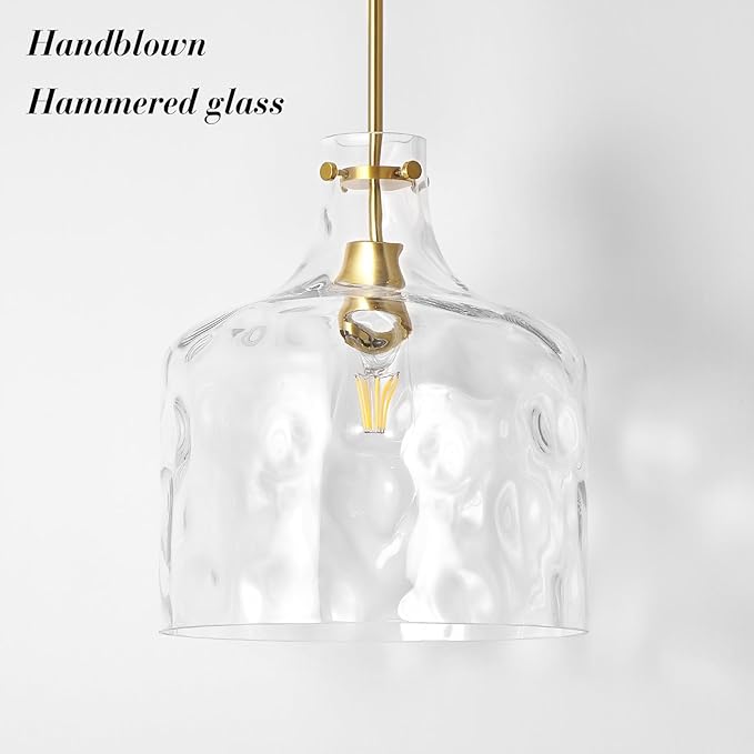 CATINER 16" Extra Large Farmhouse Pendant Light – Hand-Blown Hammered Glass Shade, Gold Finish, Adjustable Chain Ceiling Light for Kitchen Island, Dining Room, Hallway