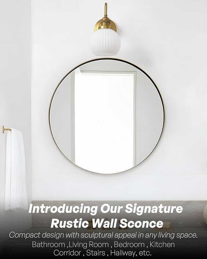 Milk Glass Wall Sconce Hardwired Bathroom Vanity Light with Striped Bowl Milk Glass Vintage Brass Wall Mounted Lights for Bathroom Mirror Living Room Bedroom Kitchen E26