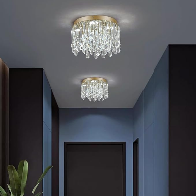 Deckrico 11.8" Gold Crystal Flush Mount Ceiling Light Fixture, Modern Close to Ceiling Chandelier with Tri-Color LED Lighting for Bedroom Hallway Dining Room
