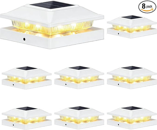 Brightever 4x4 3.5x3.5 Solar Post Cap Lights Outdoor 8-Pack, Solar Fence Post Lights Fit Vinyl/Wood Posts, 2 Modes(Warm/Cool White), Solar Powered Waterproof Deck Post Lights for Patio Porch, White