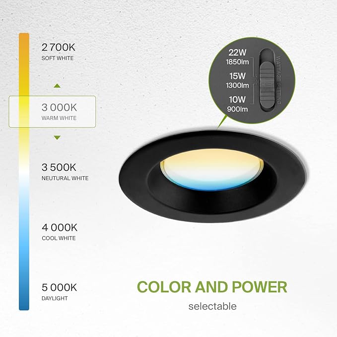 ASD 6 Inch Commercial Canless LED Downlight, Power Adjustable 10/15/22W Lighting, Dimmable Recessed Ceiling Light Fixture, 5 Color Temperatures 2700K-5000K, 120-277V IC Rated UL & Energy Star 8 Pack