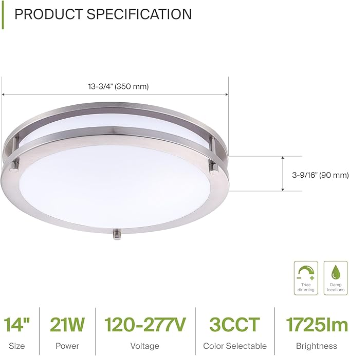 ASD LED 14" Round Flush Mount Lighting, Close to Ceiling Light Fixture | 3CCT, Dimmable, Energy Star, ETL Listed | 21W 1725LM 3000-5000K 100-277V | Low Profile Double Ring Lamp | Nickel, 4 Pack