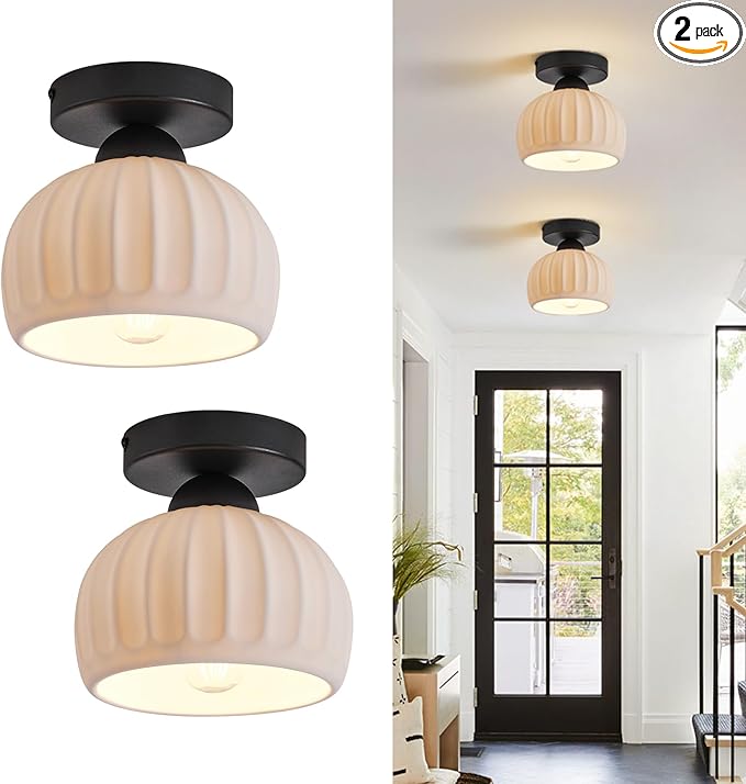 2 Pack Ceramic Semi Flush Mount Ceiling Light,Vintage Black Hallway Light Fixtures, White Globe Ceiling Lights,Mid Century Small Chandelier Light Fixture for Cottage Entryway Laundry Room Kitchen