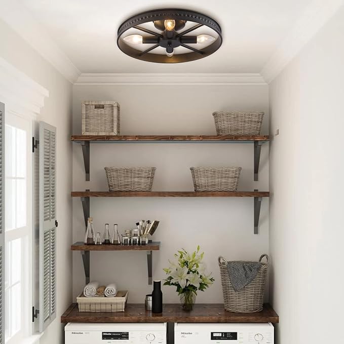 Round Ceiling Light Fixture 4-Lights Semi-Flush Mount Ceiling Light Fixture Black Rustic Metal Farmhouse Chandelier for Kitchen Island Dining Room Hallway Entryway Bedroom Living Room