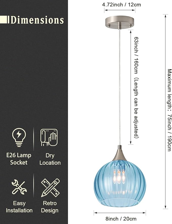 Brushed Nickel Pendant Lights Kitchen Island, Globe Pendant Light Fixtures with 8 Inch Clear Glass Shade, Modern Hanging Light Fixtures for Kitchen, Bedroom (2 Pack - Blue Glass Pendant Light)