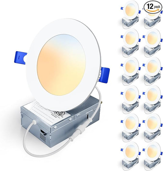 12 Pack 4 Inch 5CCT LED Recessed Light, Silm Canless Recessed Lighting, Dimmable, Damp Rated, 2700K-5000K Selectable, Wafer Ceiling Downlight with Junction Box, 750LM, 9W 120V, ETL&FCC