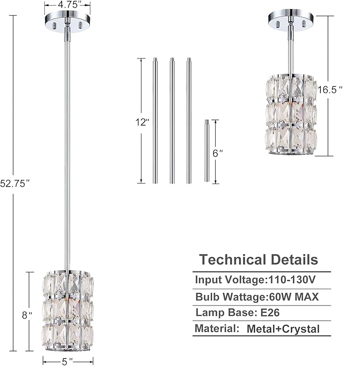 Modern Crystal Pendant Light 3-Pack Chrome Finish Pendant Lights Mini Crystal Chandelier Adjustable Hanging Ceiling Light Fixtures for Kitchen Island Dining Room Bedroom Entryway Hallway Bar